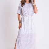 Vestido Maxi estampado com Abertura Laterais Cintos de Cordão de Algodão
