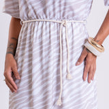 Vestido Maxi estampado com Abertura Laterais Cintos de Cordão de Algodão