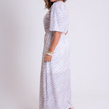 Vestido Maxi estampado com Abertura Laterais Cintos de Cordão de Algodão