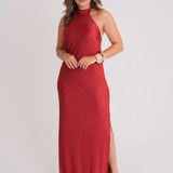 Vestido Longo Cavas Abertas Plissado Poliéster
