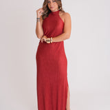 Vestido Longo Cavas Abertas Plissado Poliéster