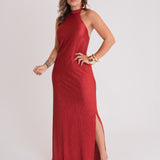 Vestido Longo Cavas Abertas Plissado Poliéster