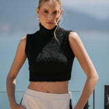 Blusa feminina Nina em Tricot Felpado sem Mangas com Gola Alta