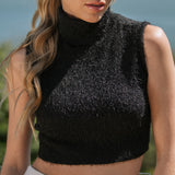 Blusa feminina Nina em Tricot Felpado sem Mangas com Gola Alta