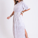Vestido Maxi estampado com Abertura Laterais Cintos de Cordão de Algodão